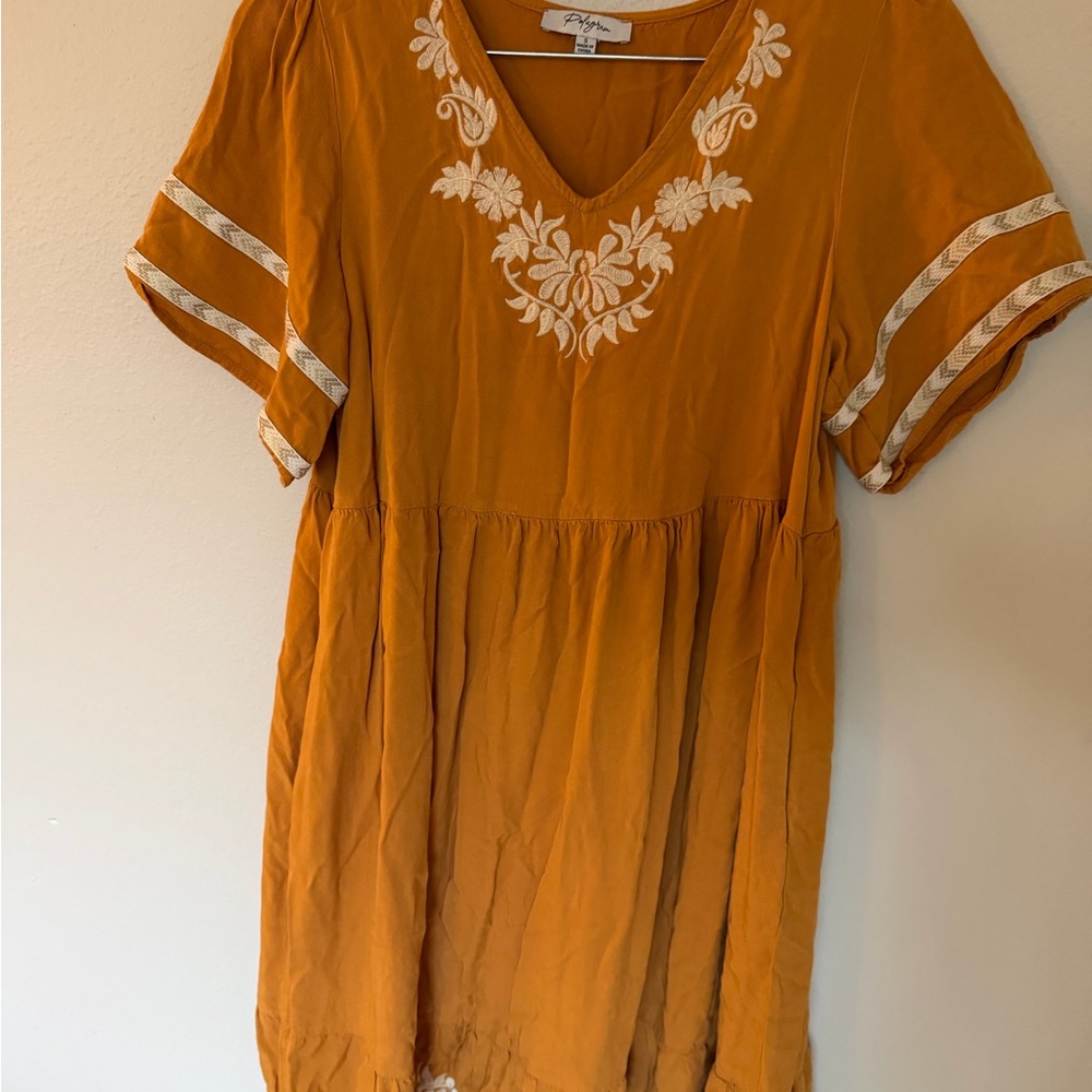 Polagram Mustard Embroidered Mini Dress